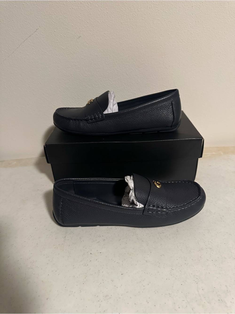 Coach Sculpted C Leather Driver Loafers Midnight Navy Women 8.5 New